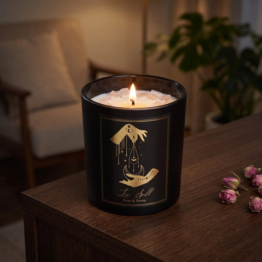 Manifestationskerze Love Spell mit Rosenquarz (Rose & Pfingstrose): brennende Kerze im schwarzen Glas auf einem dunklen Holztisch im Wohnzimmer am Abend, daneben getrocknete Rosenknospen