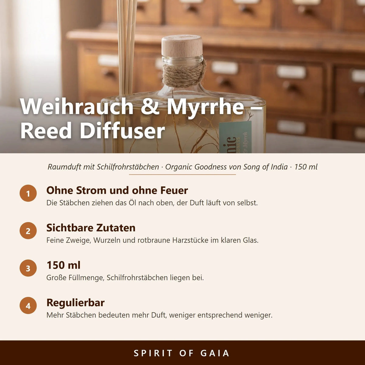 Übersicht zum Reed Diffuser Weihrauch und Myrrhe: Duft ohne Strom, sichtbare Zutaten, 150 ml und regulierbare Stärke