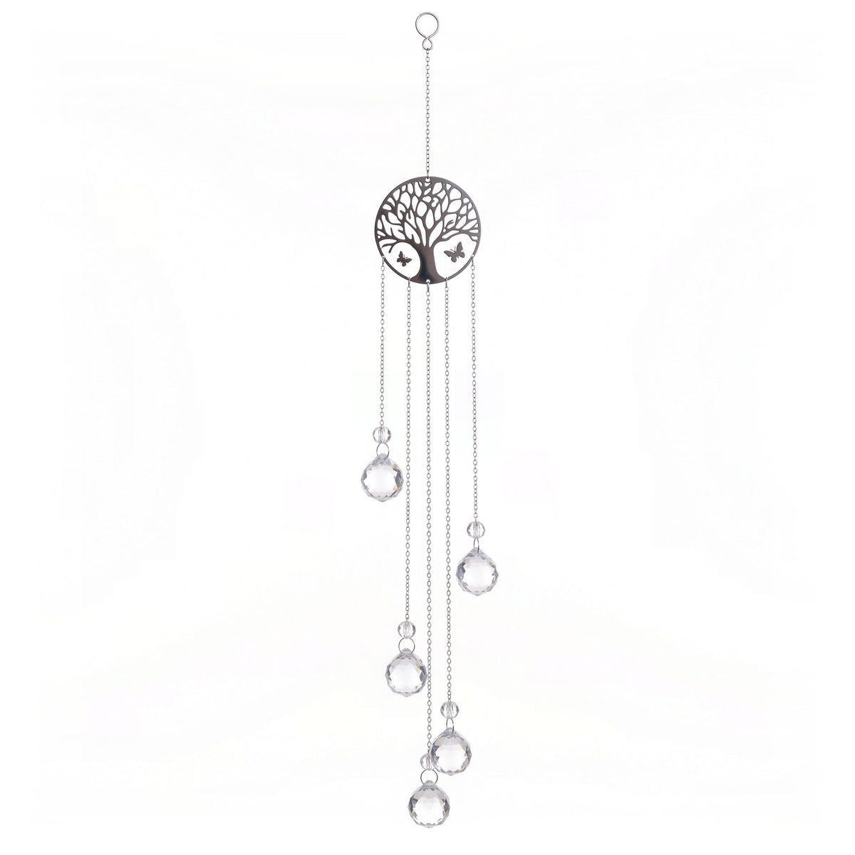 Yggdrasil Suncatcher mit Baumscheibe, fünf Ketten und fünf Glaskugeln, freigestellt auf weißem Grund