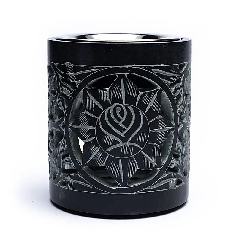 Räuchergefäß & Duftlampe „Shakti“ – schwarzer Speckstein, inkl. Sieb & Aromaschale