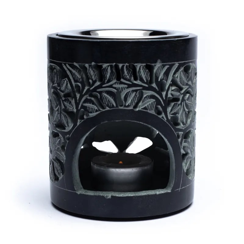Räuchergefäß & Duftlampe „Shakti“ – schwarzer Speckstein, inkl. Sieb & Aromaschale