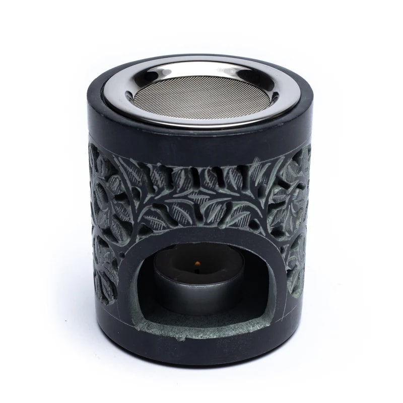 Räuchergefäß & Duftlampe „Shakti“ – schwarzer Speckstein, inkl. Sieb & Aromaschale