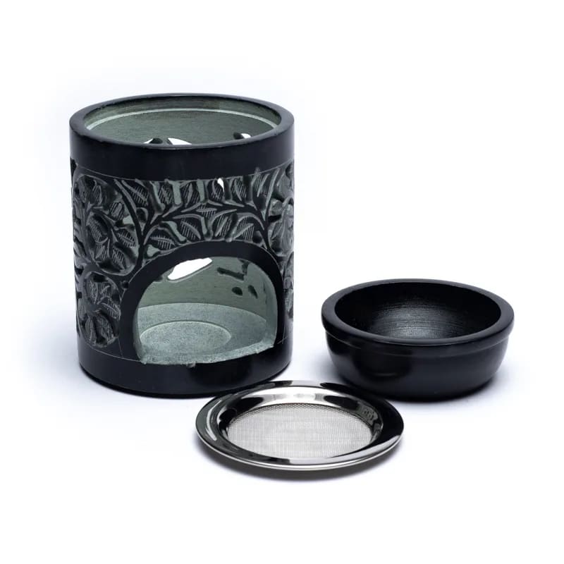 Räuchergefäß & Duftlampe „Shakti“ – schwarzer Speckstein, inkl. Sieb & Aromaschale