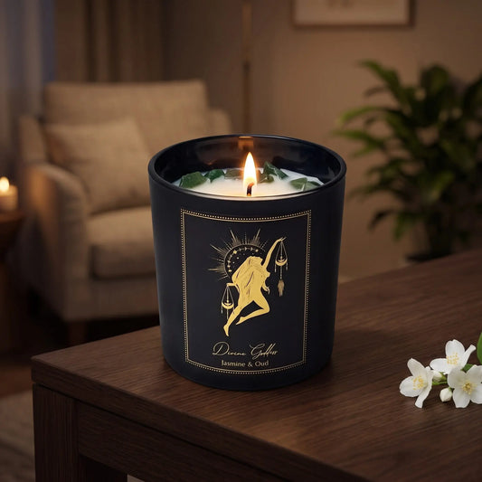 Manifestationskerze Divine Goddess mit Xinji-Jade (Jasmin & Oud): brennende Kerze im schwarzen Glas auf einem dunklen Holztisch im Wohnzimmer am Abend, daneben weiße Jasminblüten
