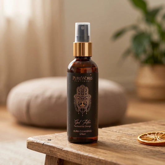 Aura-Spray Good Fortune (Patchouli & Orange): Sprühflasche auf einem Holztisch in einer ruhigen Meditationsecke mit Sitzkissen und Pflanze