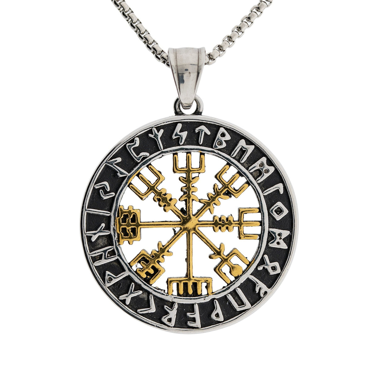 Vegvisir Anhänger mit Runenring und Edelstahlkette, freigestellt auf weißem Grund