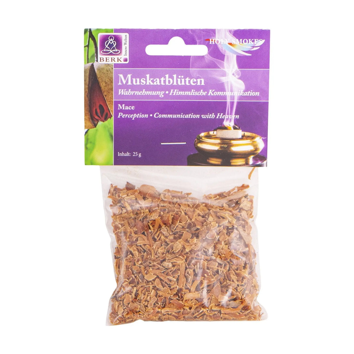 Muskatblüten (Macis), sortenreines Räucherwerk von Berk, 25 g: Tüte mit hellviolettem Kartonkopf, freigestellt auf Weiß