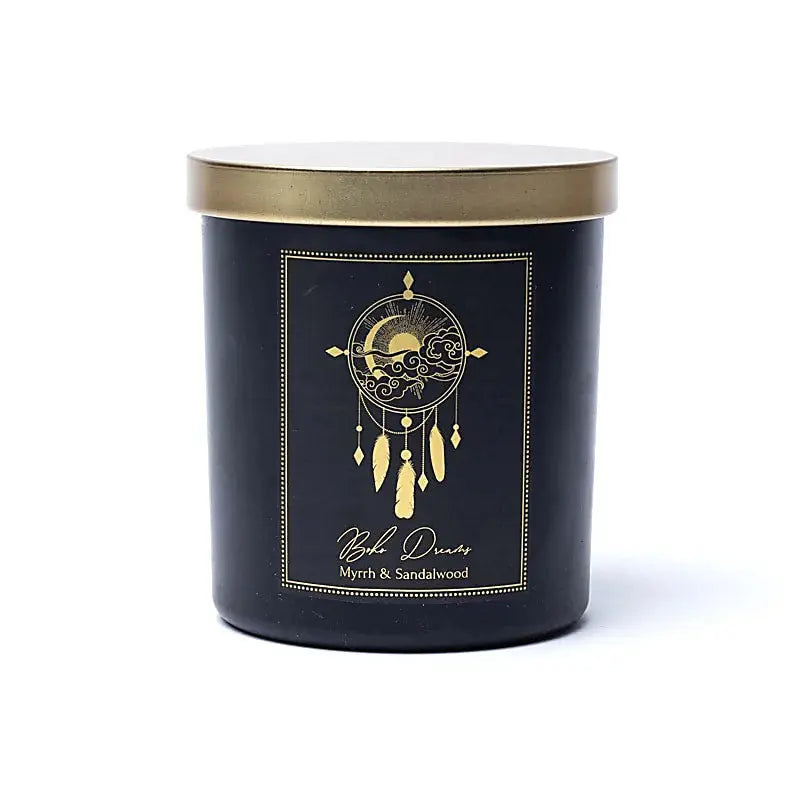 Manifestationskerze "Boho Dreams" mit Bergkristall | ca. 50std | Myrrhe & Sandelholz Song of India