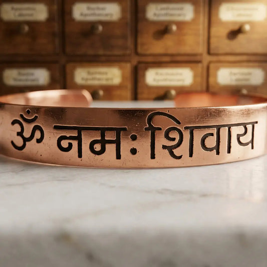 Makroaufnahme der Om-Namah-Shivaya-Gravur auf dem Kupferarmreif