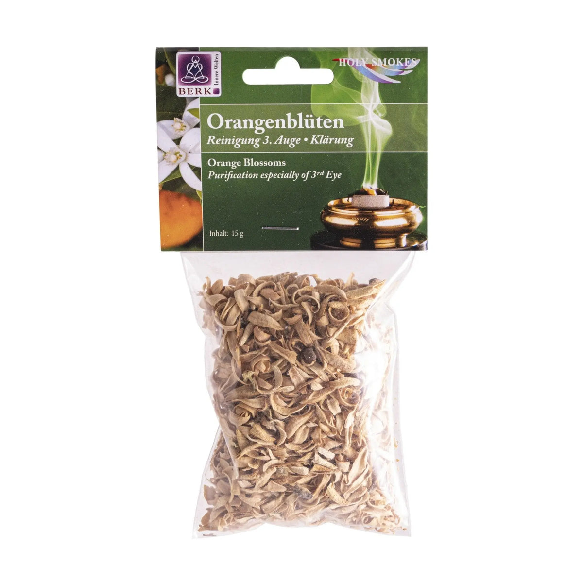 Orangenblüten, sortenreines Räucherwerk von Berk, 15 g: Tüte mit dunkelgrünem Kartonkopf, freigestellt auf Weiß