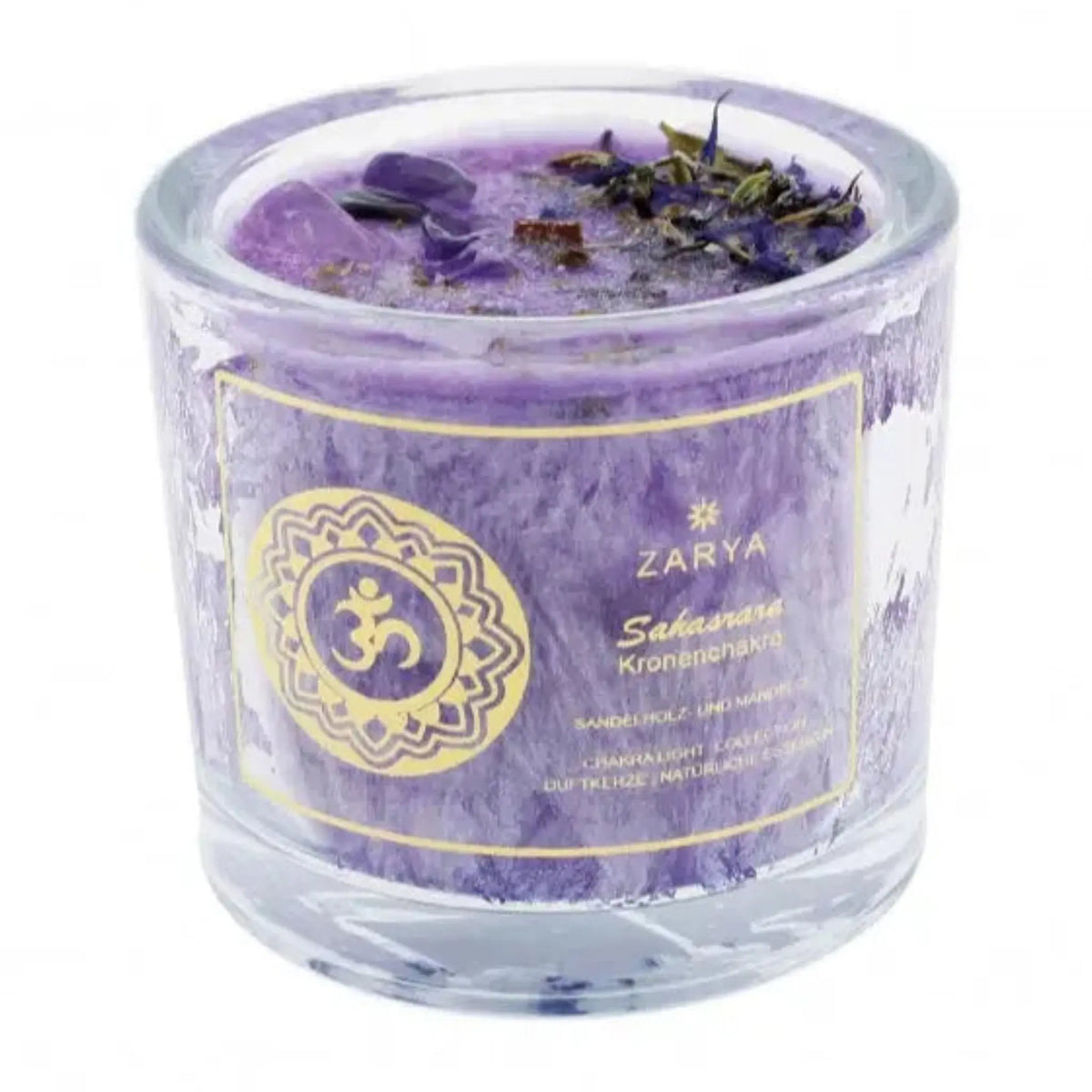 Chakra-Kerze Kronenchakra Sahasrara mit Amethyst, Duft Sandelholz und Mandel, Kerze im Glas, freigestellt auf Weiß