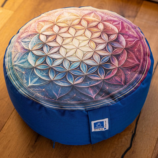 Nahaufnahme der Oberseite des Meditationskissens Blume des Lebens in Blau: Muster aus ineinandergreifenden Kreisen im Farbverlauf von Blaugrün über Cremegelb zu Rosa, Tragelasche mit Berk-Balance-Etikett