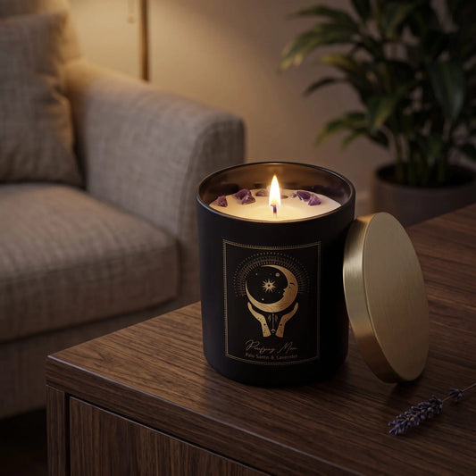 Manifestationskerze Purifying Moon mit Amethyst (Palo Santo & Lavendel): brennende Kerze im schwarzen Glas auf einem dunklen Holztisch im Wohnzimmer am Abend, daneben ein Lavendelzweig