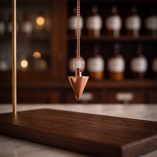 Kegelpendel aus verkupfertem Messing, ca. 22 mm: hängt frei an seiner Kette über einem Pendelbrett aus Nussbaum, warme Abendstimmung – Spirit of Gaia
