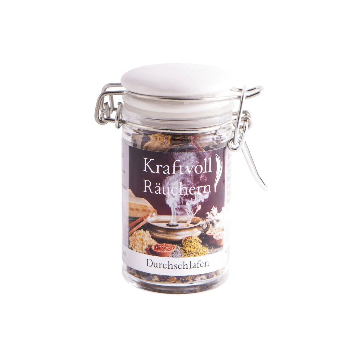 Durchschlafen, Räuchermischung der Reihe Kraftvoll Räuchern von Berk, 60 ml im Bügelglas: Bügelglas mit weißem Deckel und Etikett vor hellem Grund