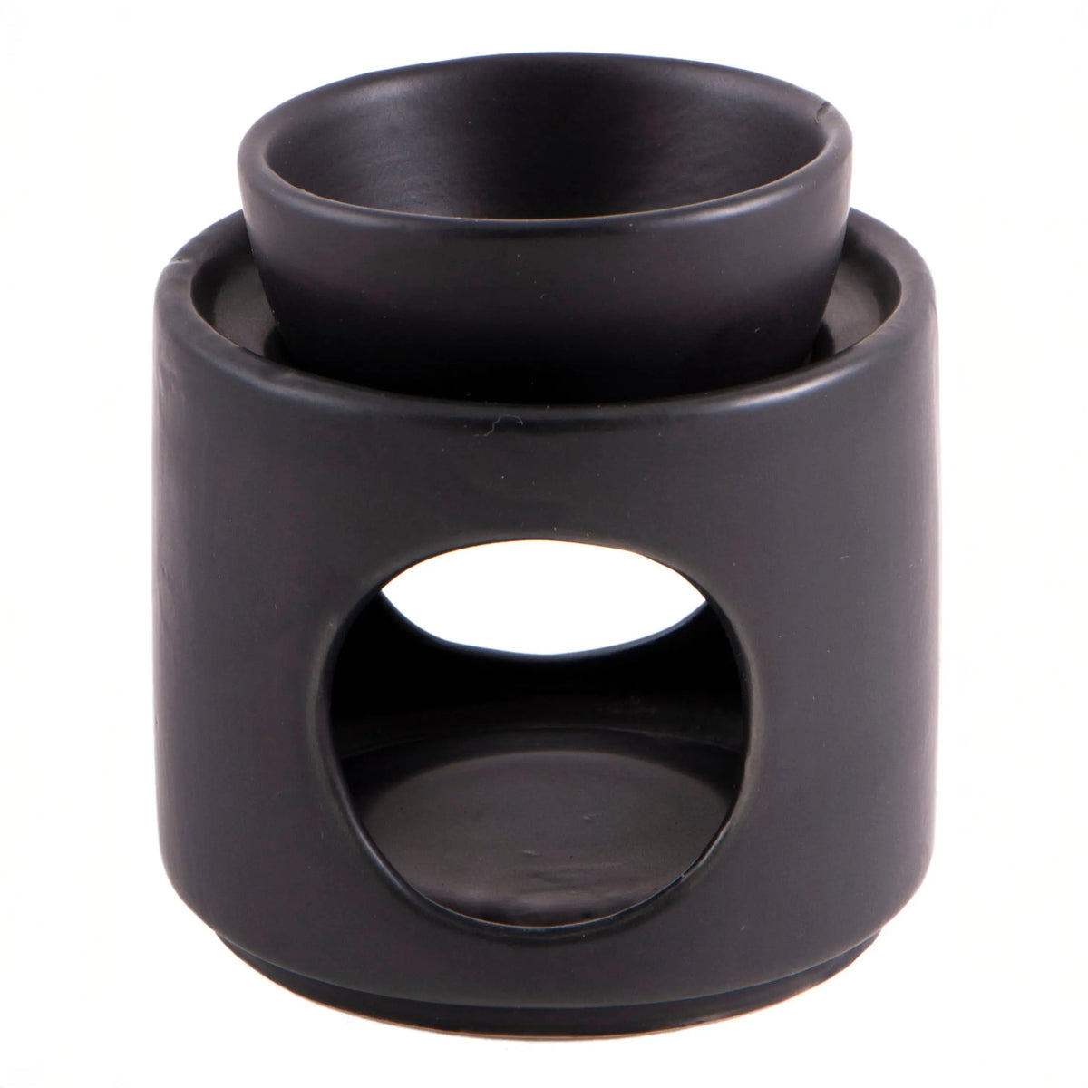 Aromalampe Black Elegance, mattschwarze Keramik mit runder Öffnung und aufgesetzter Schale, freigestellt auf Weiß