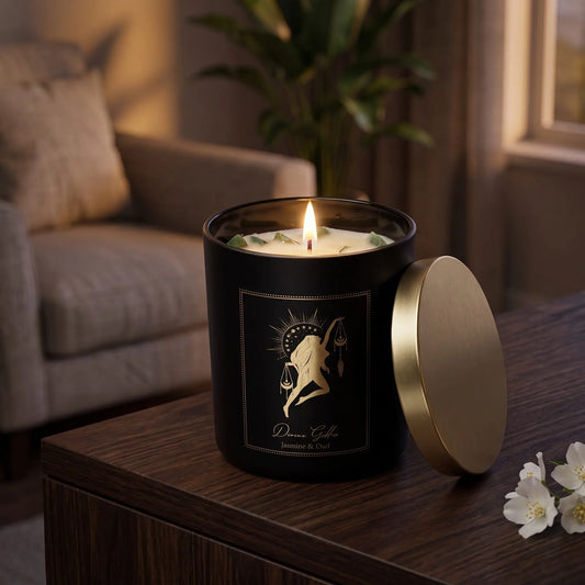 Manifestationskerze Divine Goddess mit Xinji-Jade (Jasmin & Oud): brennende Kerze im schwarzen Glas auf einem dunklen Holztisch im Wohnzimmer am Abend, daneben weiße Jasminblüten