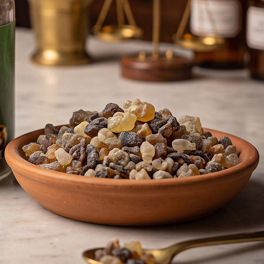 Copal Peru, reines Räucherharz von Berk, 60 ml im Korkglas: Nahaufnahme der Terracottaschale mit braunen und bernsteinfarbenen Copalstücken auf der Marmortheke – Spirit of Gaia