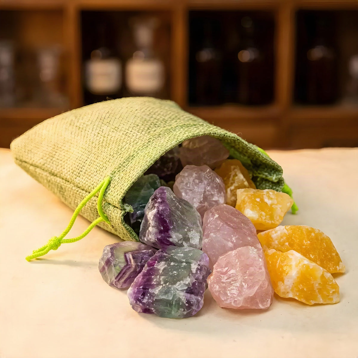 Hellgrünes Jutesäckchen der Wassersteine Guter Schlaf mit Jutestruktur und Rohsteinen Regenbogenfluorit, Rosenquarz und Orangencalcit – Spirit of Gaia