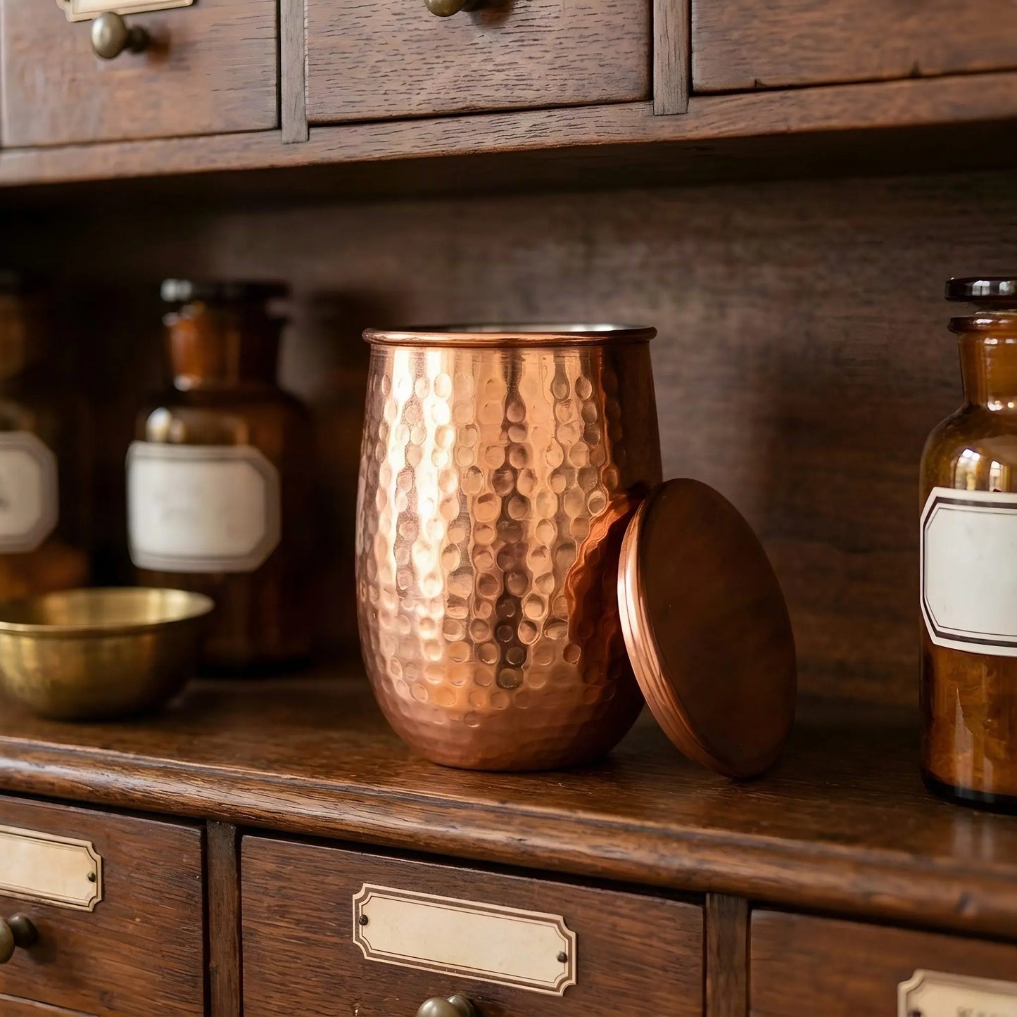 Gehämmerter Kupferbecher mit angelehntem Deckel aus seitlichem Blickwinkel im Apothekerregal
