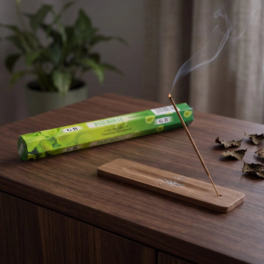 GR Patchouli Räucherstäbchen: glimmendes Räucherstäbchen mit feinem Rauch im Holzhalter, dahinter die Sechseck-Packung, auf einem Sideboard am Abend