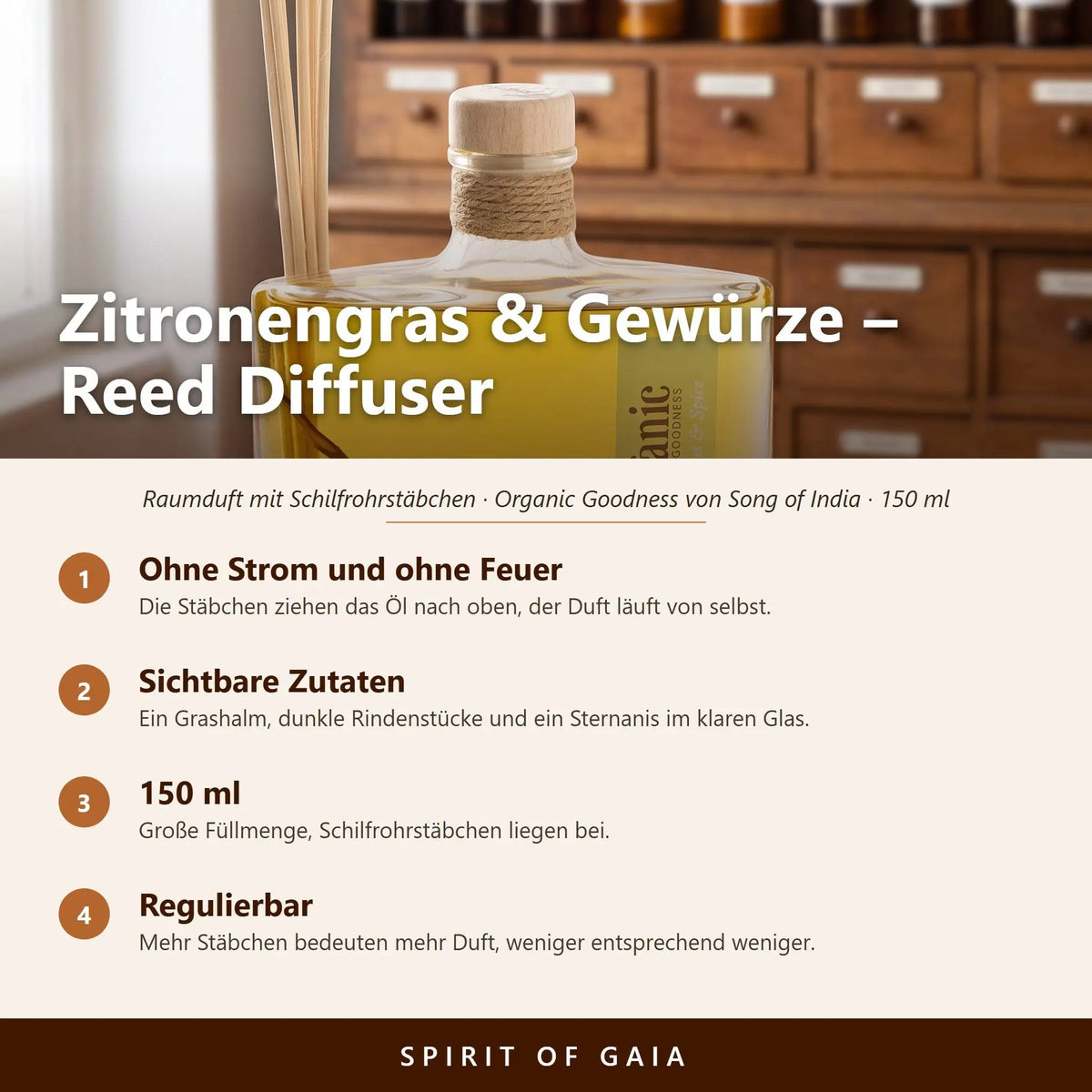 Übersicht zum Reed Diffuser Zitronengras und Gewürze: Duft ohne Strom, sichtbare Zutaten, 150 ml und regulierbare Stärke