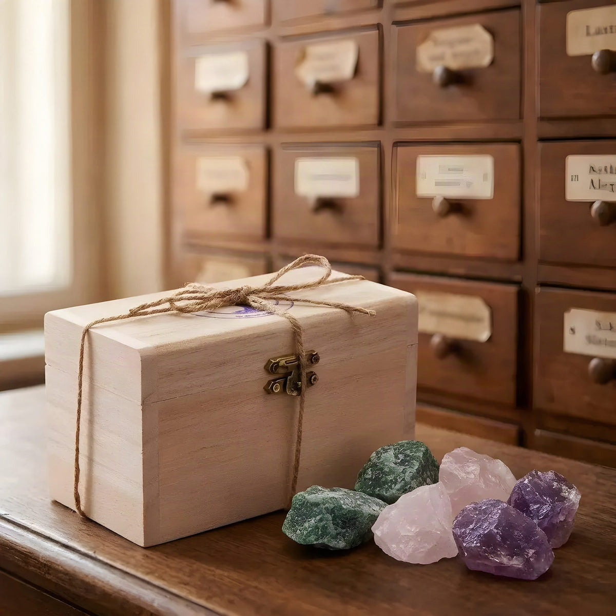Holzkästchen der Wassersteine Entspannung seitlich mit allen sechs Rohsteinen: zweimal Amethyst, zweimal Rosenquarz und zweimal Aventurin – Spirit of Gaia