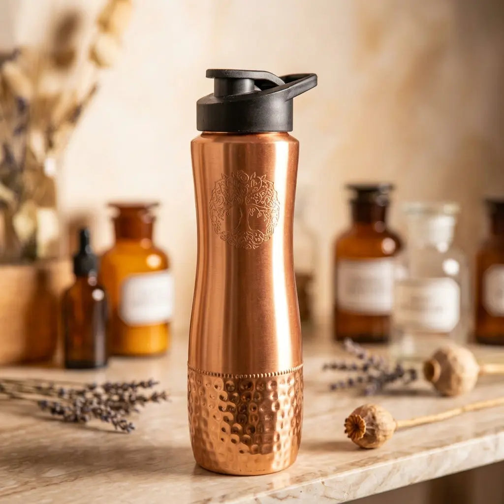 Kupfertrinkflasche Baum des Lebens 850 ml im Dreiviertel-Winkel mit Sportverschluss