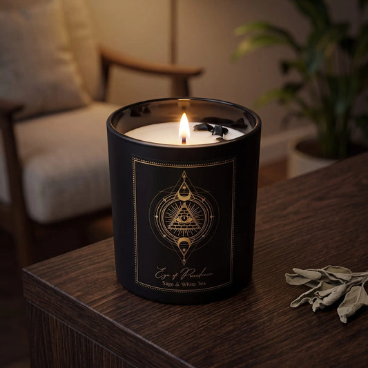 Manifestationskerze Eye of Providence mit Obsidian (Salbei & weißer Tee): brennende Kerze im schwarzen Glas auf einem dunklen Holztisch im Wohnzimmer am Abend, daneben getrocknete Salbeiblätter