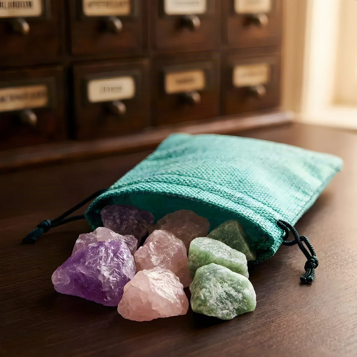 Türkises Jutesäckchen der Wassersteine Entspannung mit Jutestruktur und Rohsteinen Amethyst, Rosenquarz und Aventurin – Spirit of Gaia