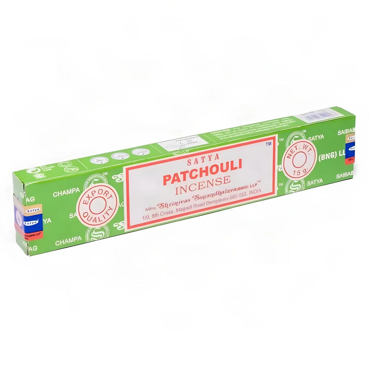 Satya Patchouli Räucherstäbchen, 15-g-Packung, freigestellt auf Weiß