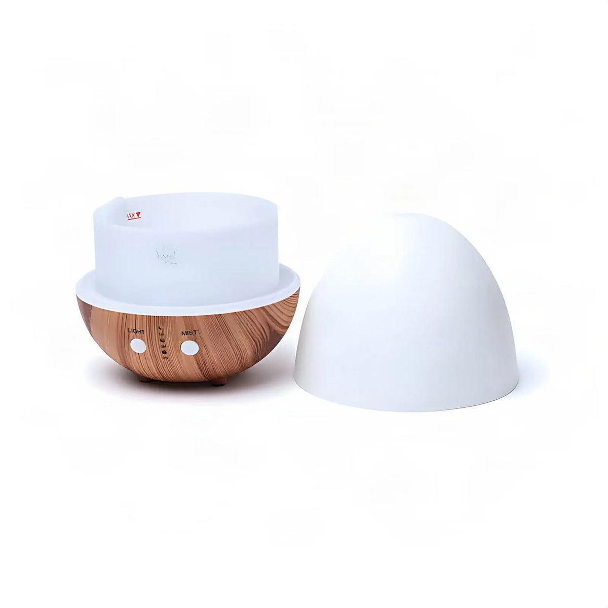 Aroma Diffuser Oval Weiß geöffnet: Sockel mit Wassertank und abgenommene weiße Haube