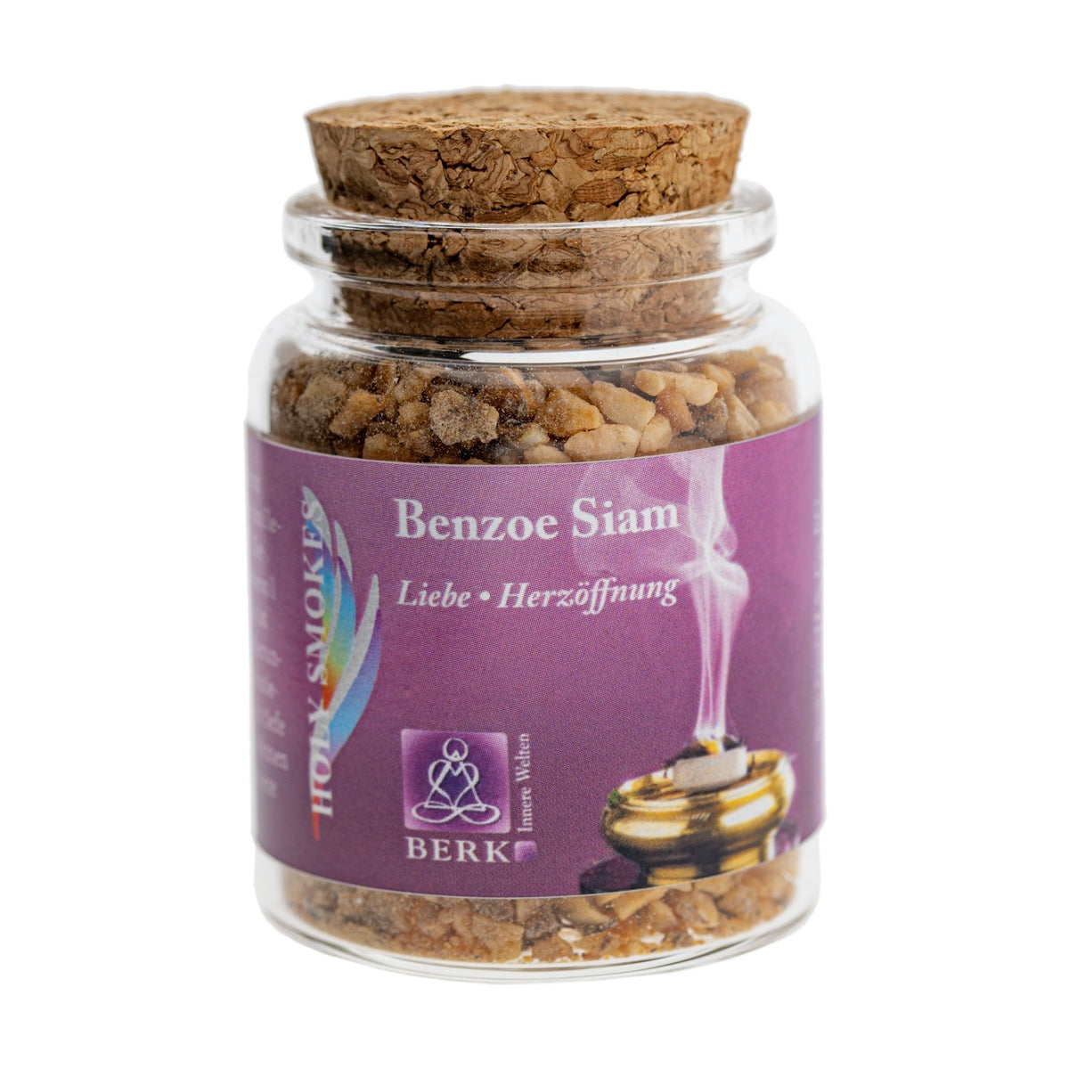 Benzoe Siam, reines Räucherharz von Berk, 60 ml im Korkglas: Korkglas mit pinkfarbenem Etikett, freigestellt auf Weiß