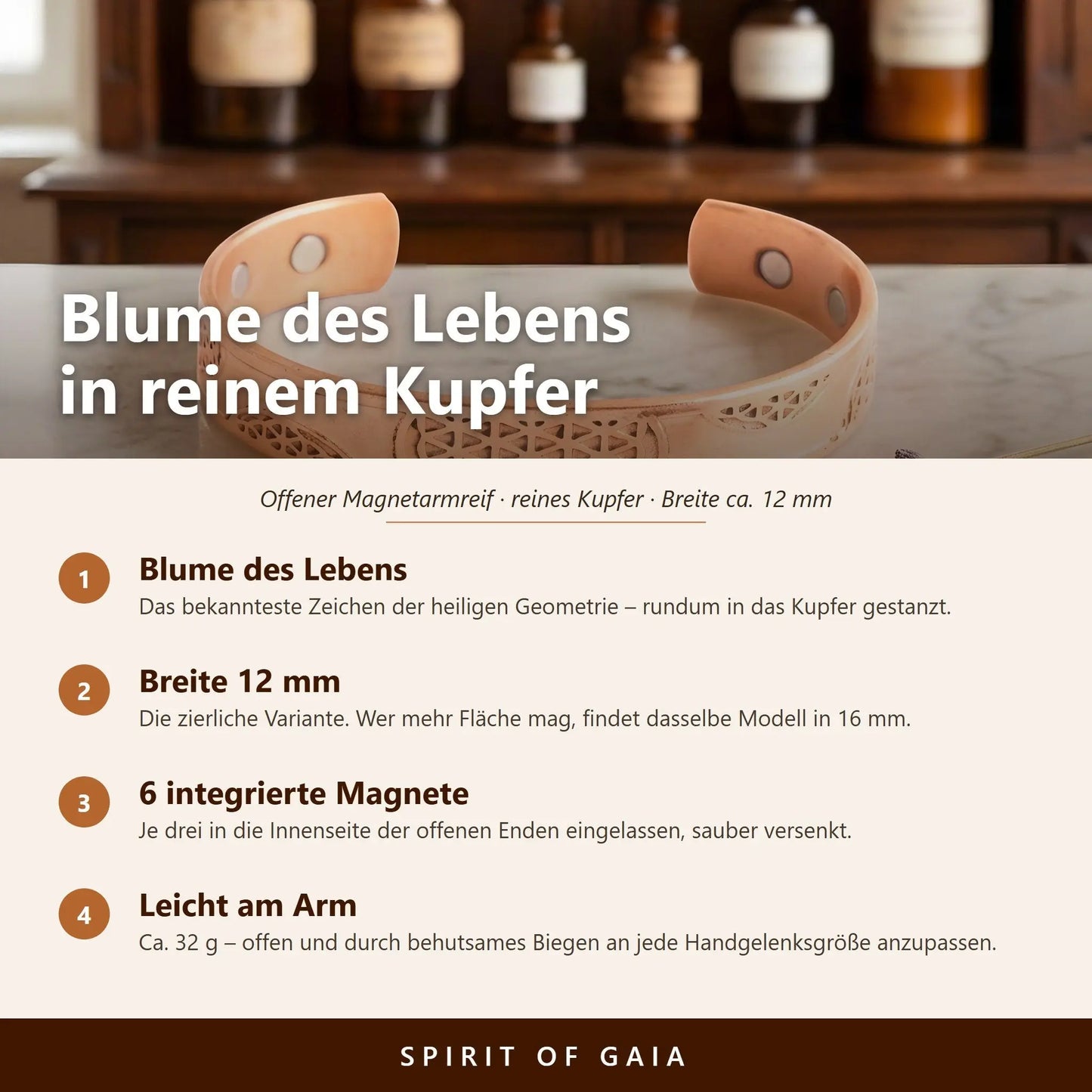 Infografik: Blume des Lebens in reinem Kupfer – Motiv, Breite 12 mm, sechs integrierte Magnete, an jede Handgelenksgröße anpassbar