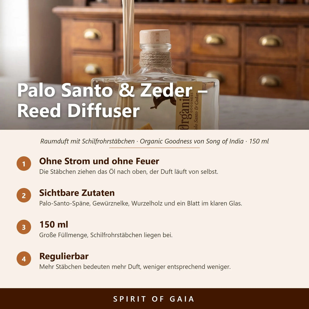 Übersicht zum Reed Diffuser Palo Santo und Zeder: Duft ohne Strom, sichtbare Zutaten, 150 ml und regulierbare Stärke