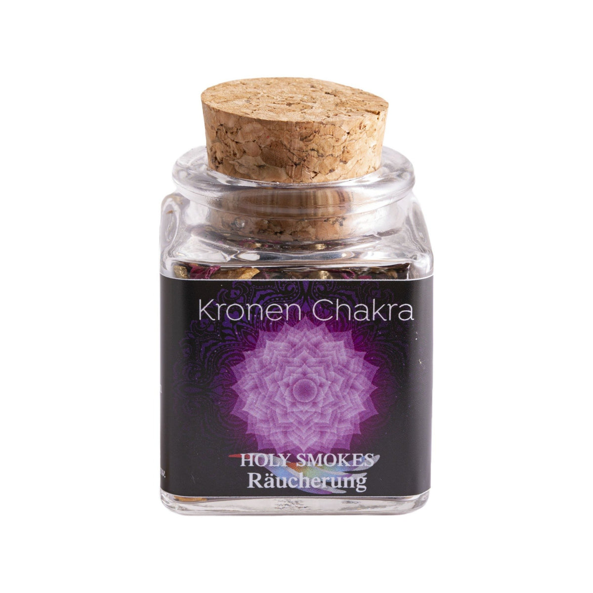 Kronenchakra, Chakra-Räuchermischung von Berk, 50 ml im Korkglas: Korkglas mit schwarzem Chakra-Etikett, freigestellt auf Weiß