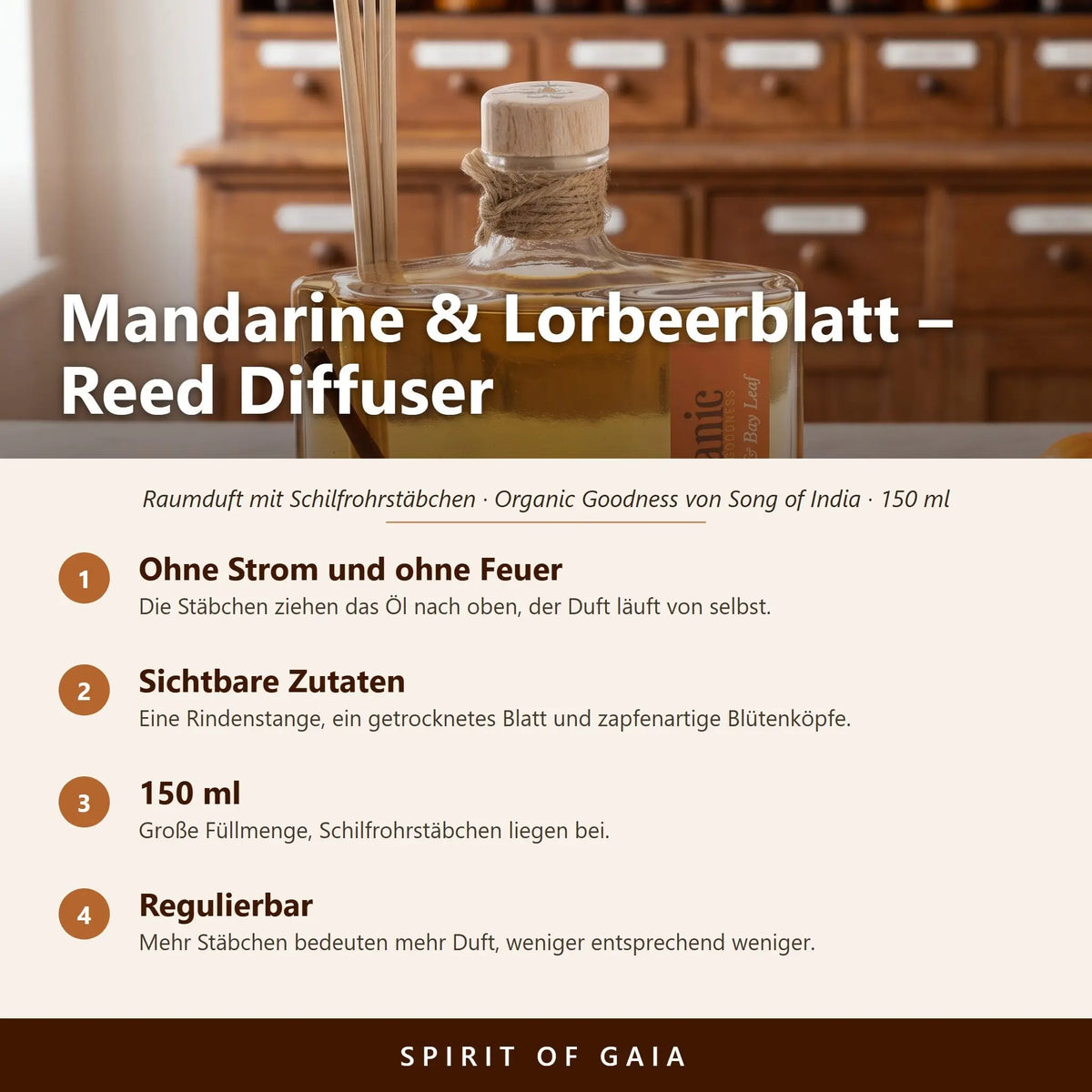 Übersicht zum Reed Diffuser Mandarine und Lorbeerblatt: Duft ohne Strom, sichtbare Zutaten, 150 ml und regulierbare Stärke