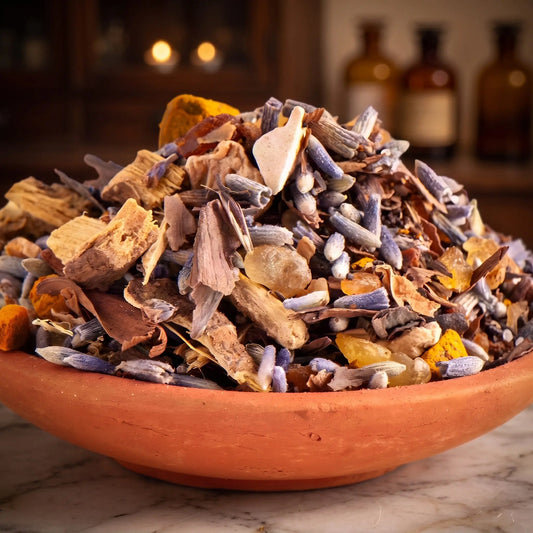 Aurareinigung, Räuchermischung der Reihe Kraftvoll Räuchern von Berk, 60 ml im Bügelglas: Nahaufnahme der Terracottaschale mit Lavendelblüten, Rinden und Harzstücken vor der warmen, unscharfen Abendapotheke – Spirit of Gaia