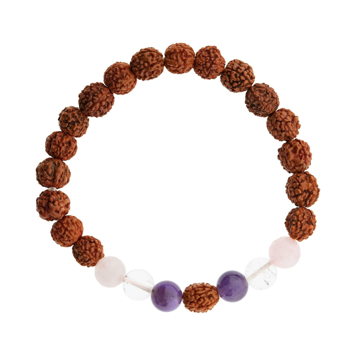 Rudraksha Armband mit Amethyst, Bergkristall und Rosenquarz, freigestellt auf weißem Grund