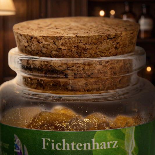 Fichtenharz, reines Räucherharz von Berk, 60 ml im Korkglas: Nahaufnahme des Glases mit Fichtenharz, Korken und Etikett vor der warmen, unscharfen Abendapotheke – Spirit of Gaia