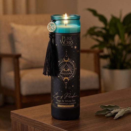Manifestationskerze Eye of Providence (Salbei & weißer Tee): brennende Glaskerze auf einem dunklen Holztisch im Wohnzimmer am Abend, daneben getrocknete Salbeiblätter