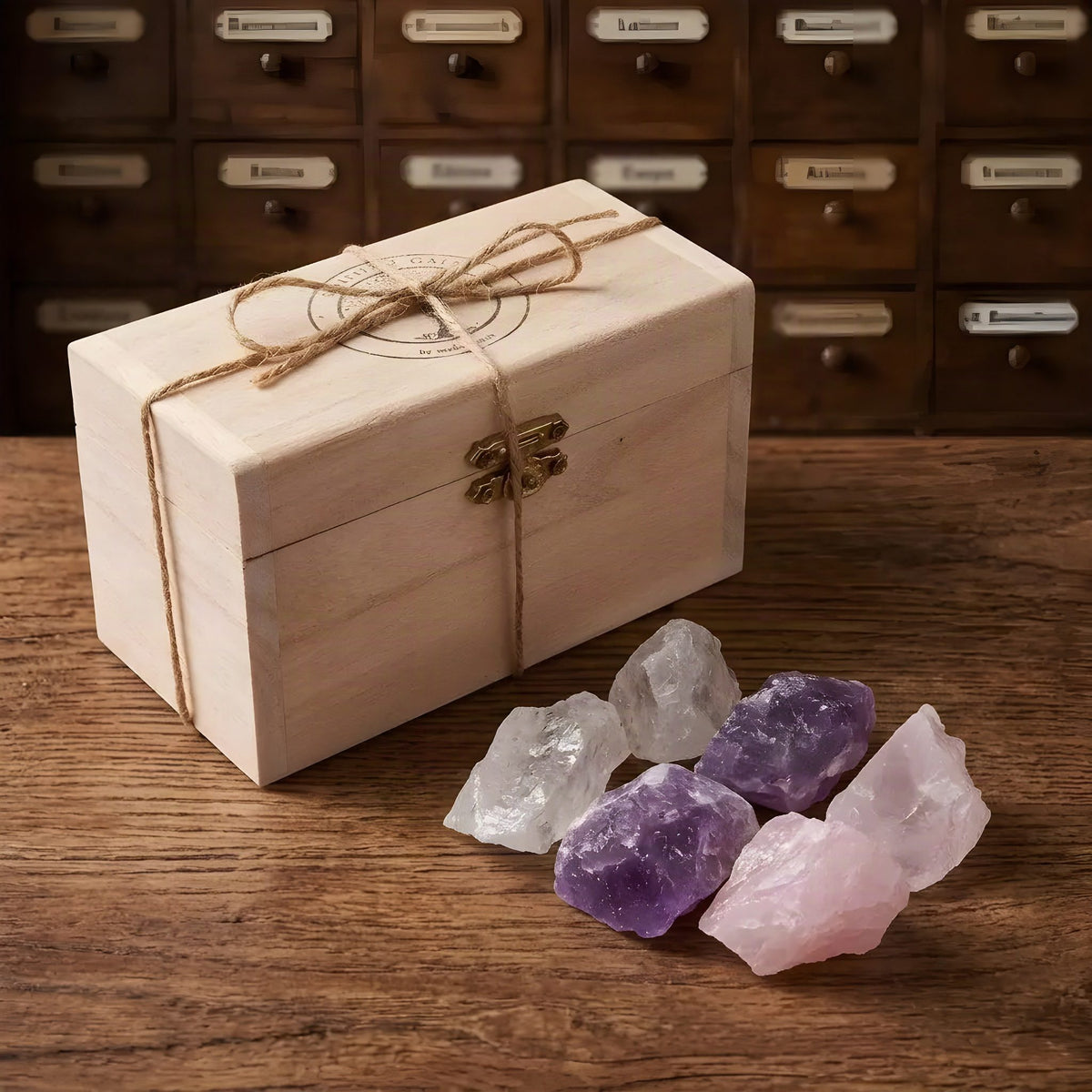 Holzkästchen der Wassersteine Grundmischung seitlich mit allen sechs Rohsteinen: zweimal Amethyst, zweimal Rosenquarz und zweimal Bergkristall – Spirit of Gaia
