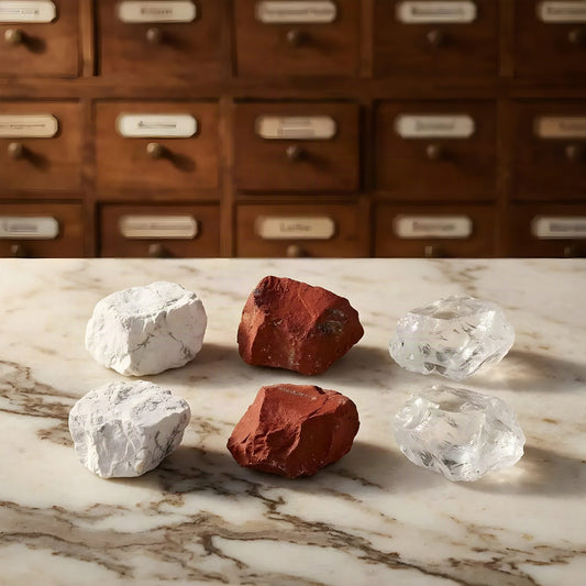 Naturbelassene Rohsteine der Wassersteine Fit & Schlank: Magnesit, Roter Jaspis und Bergkristall in Nahaufnahme – Spirit of Gaia