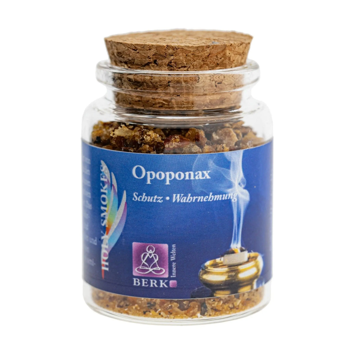 Opoponax, reines Räucherharz von Berk, 60 ml im Korkglas: Korkglas mit blauem Etikett, freigestellt auf Weiß