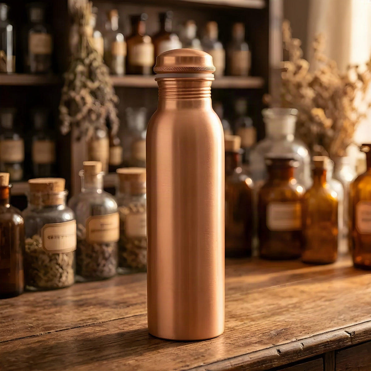Kupfer-Trinkflasche Ayurveda glatt aus seitlichem Blickwinkel im Apothekerregal