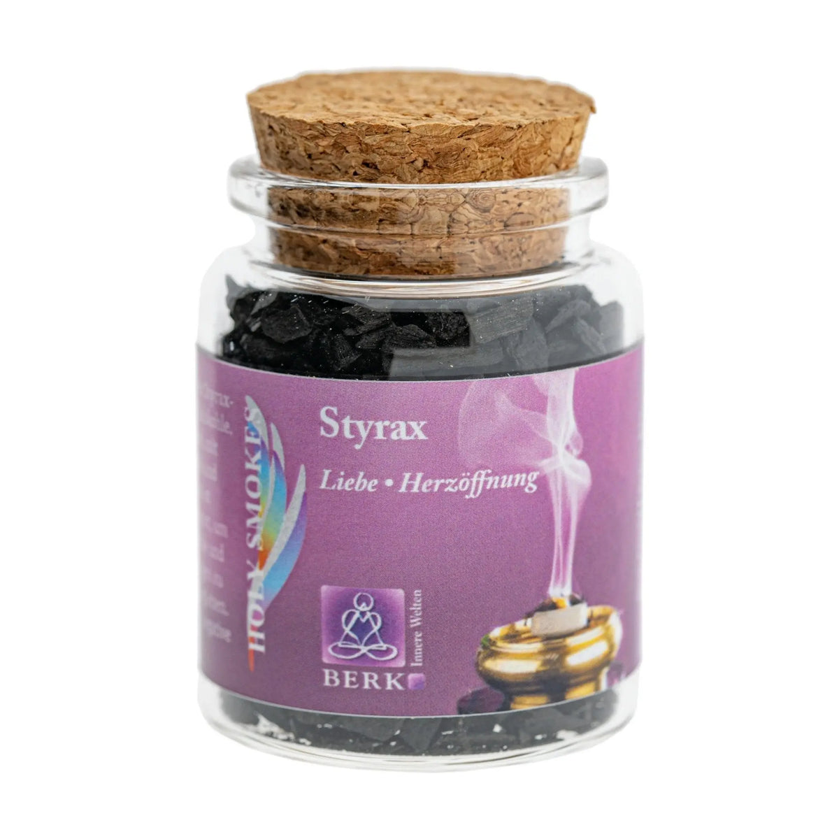Styrax, reines Räucherharz von Berk, 60 ml im Korkglas: Korkglas mit rosafarbenem Etikett, freigestellt auf Weiß