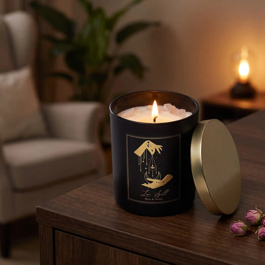 Manifestationskerze Love Spell mit Rosenquarz (Rose & Pfingstrose): brennende Kerze im schwarzen Glas auf einem dunklen Holztisch im Wohnzimmer am Abend, daneben getrocknete Rosenknospen