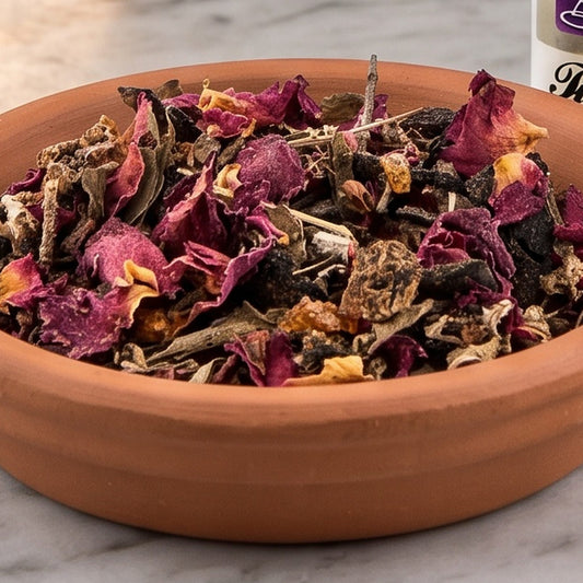 Tiefer, erholsamer Schlaf II, Räuchermischung der Reihe Einfach Räuchern von Berk, 50 ml im Korkglas: Nahaufnahme der Terracottaschale mit Rosenblüten und dunklen Kräutern vor der warmen, unscharfen Abendapotheke – Spirit of Gaia