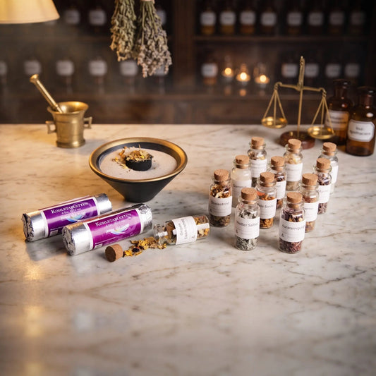 Die kleine Hausapotheke des Räucherns von Berk, Inhalt: zwölf Korkfläschchen mit Räucherstoffen wie Weißer Salbei, Palo Santo, Dammar, Myrrhe, Seelentrost und Aurareinigung, Räucherschale mit Sand und Kohletabletten – Spirit of Gaia