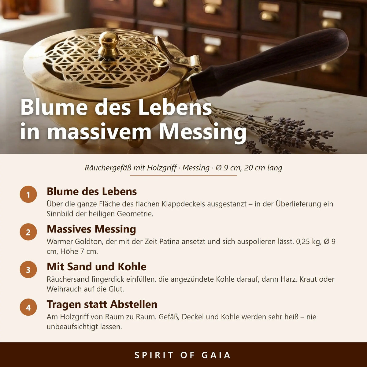Infografik zu Motiv, Messing und Patina, Anwendung mit Räuchersand und Kohle sowie zum Tragen am Holzgriff